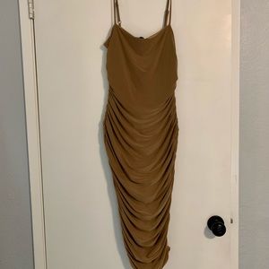 Guess Tan Ruched Bodycon Midi Dress